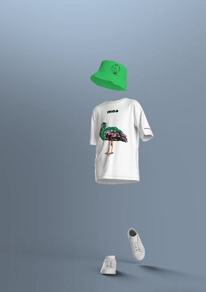 graphic t-shirt, bucket hat, white sneakers, casual clothing set, summer outfit, new arrival, minimalist, fresh, playful, neutral, green